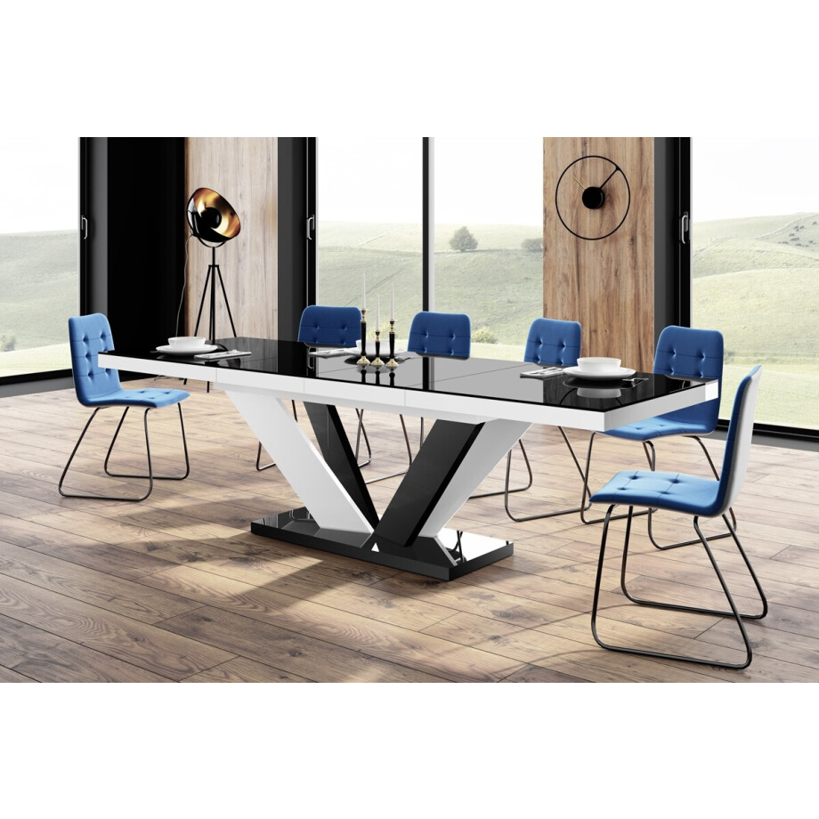 Uitschuifbare eettafel Viva 2 - 160 tot 256 cm breed in hoogglans zwart met wit afbeelding 1