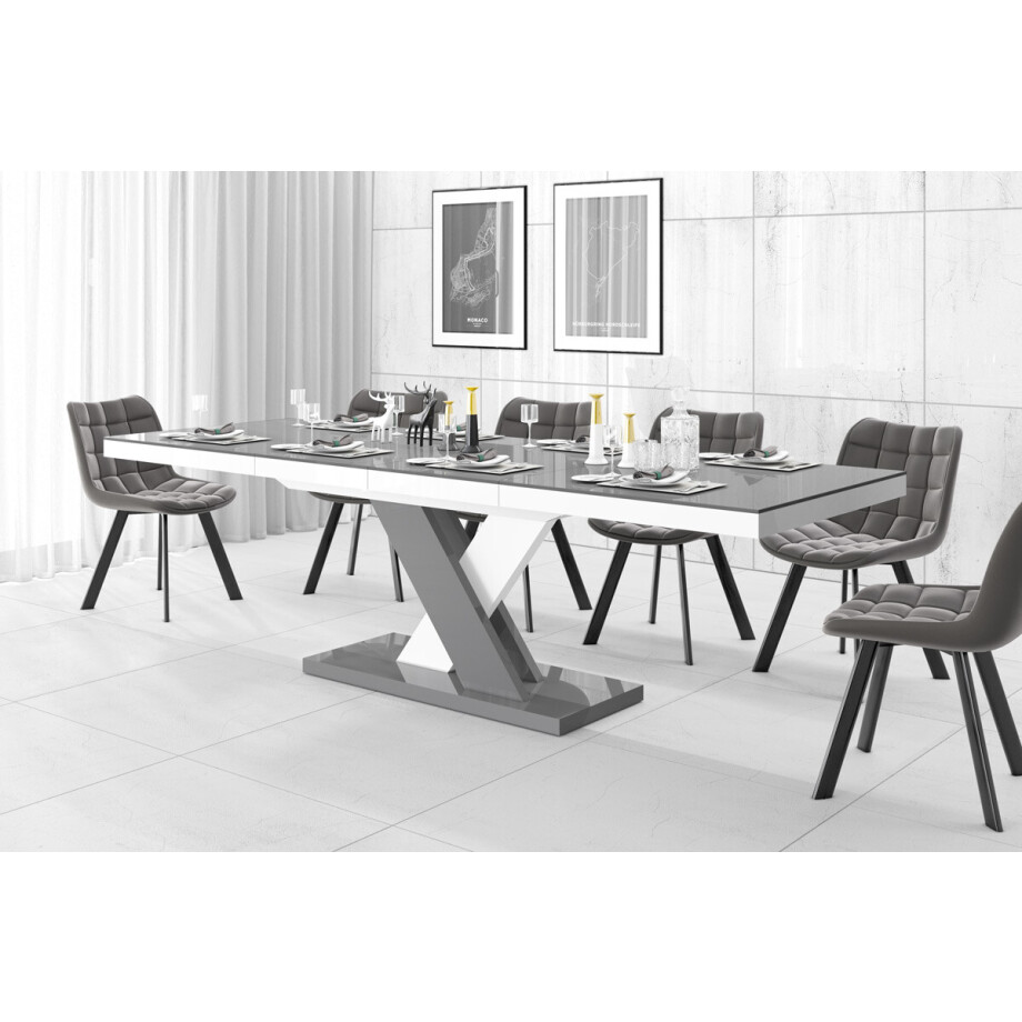 Uitschuifbare eettafel Xenon lux 160 tot 256 cm breed in hoogglans grijs met wit Uitschuifbare eettafel Xenon lux 160 tot 256 cm breed in hoogglans grijs met wit afbeelding 1
