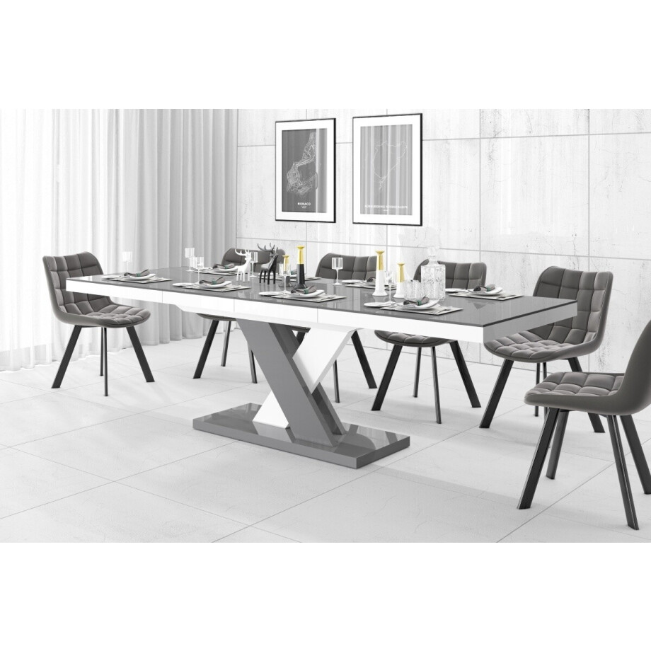 Uitschuifbare eettafel Xenon lux 160 tot 256 cm breed in hoogglans grijs mix wit afbeelding 1