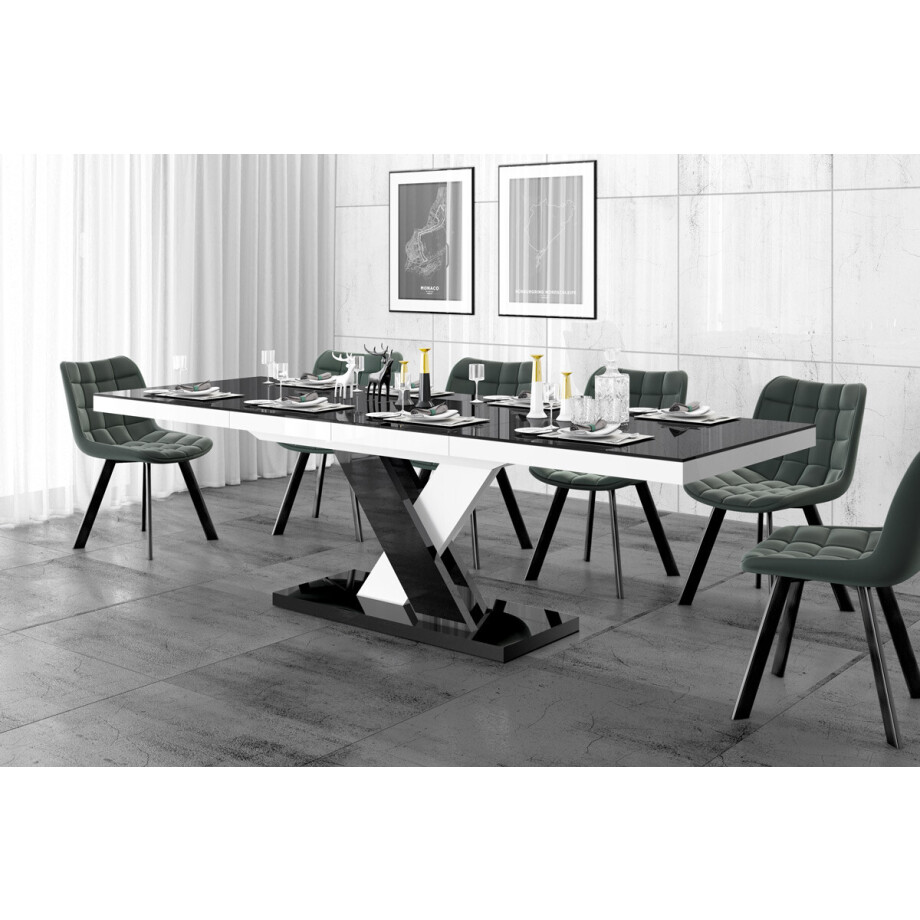 Uitschuifbare eettafel Xenon lux 160 tot 256 cm breed in hoogglans zwart met wit afbeelding 1