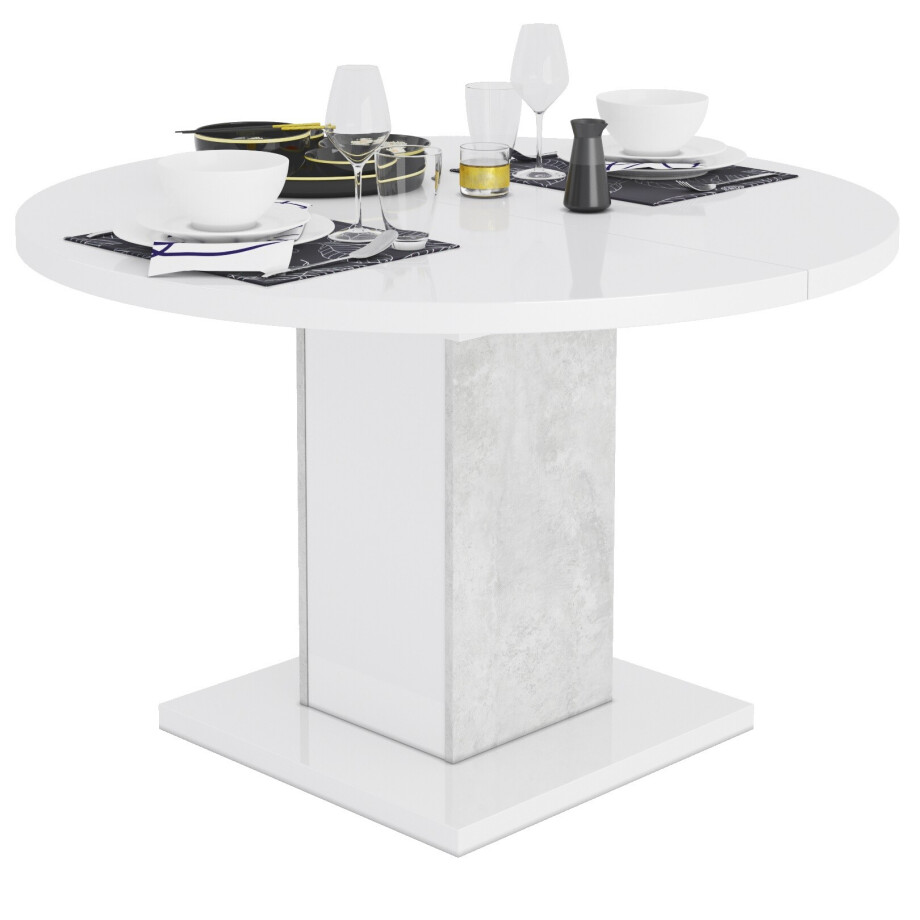 Uitschuifbare ronde eettafel Goya 120 tot 165 cm hoogglans wit met grijs afbeelding 1