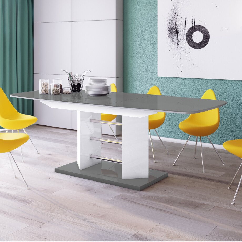 Uitschuifbare eettafel Linosa 160 tot 256 cm breed in hoogglans grijs met wit afbeelding 1