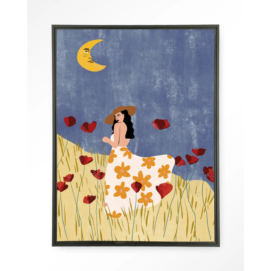 Urban Cotton Wandkleed 'Girl In A Poppyfield' 110 x 145cm in Floating Frame - black afbeelding 