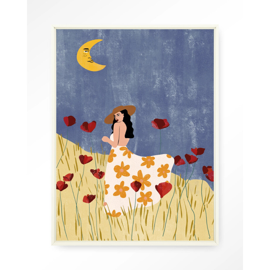 Urban Cotton Wandkleed 'Girl In A Poppyfield' 145 x 190cm in Floating Frame - off white afbeelding 