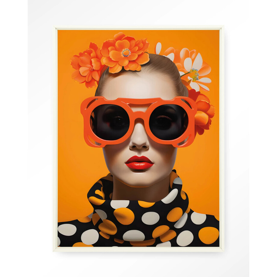 Urban Cotton Wandkleed 'Orange Flower' 80 x 110cm in Floating Frame - off white afbeelding 