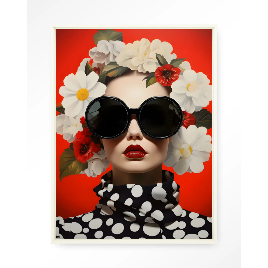 Urban Cotton Wandkleed 'Red Flower' 110 x 145cm in Floating Frame - off white afbeelding 