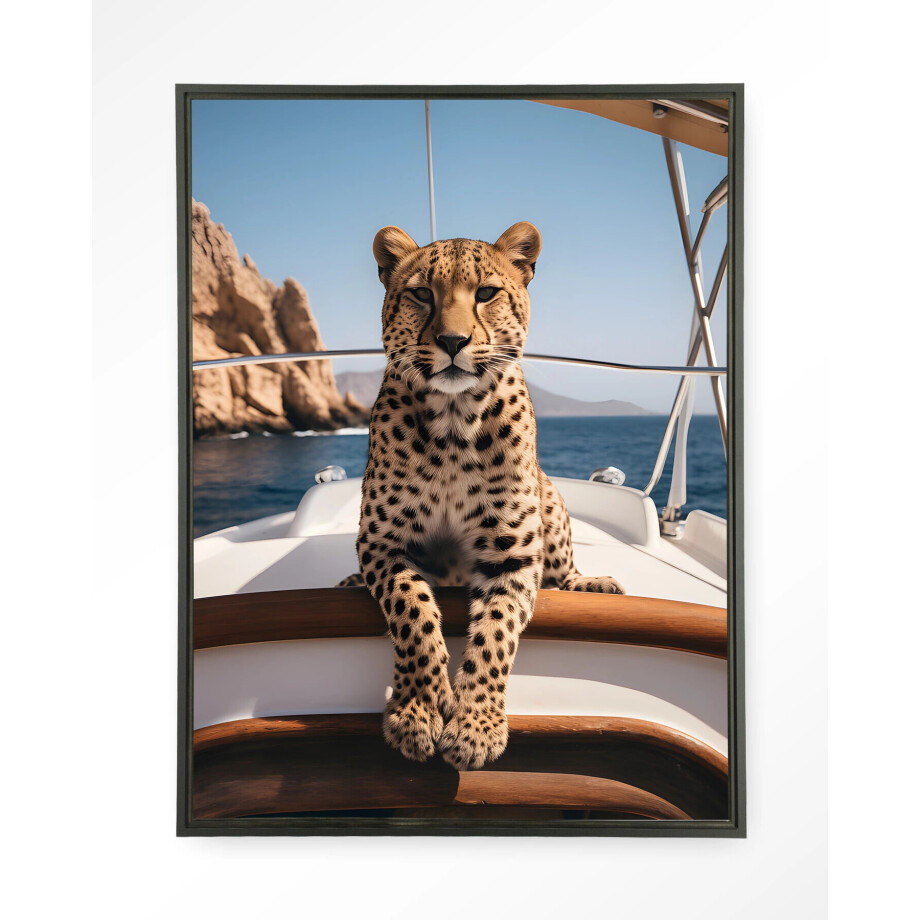 Urban Cotton Wandkleed 'Sailboat Cheetah' 110 x 145cm in Floating Frame - black afbeelding 