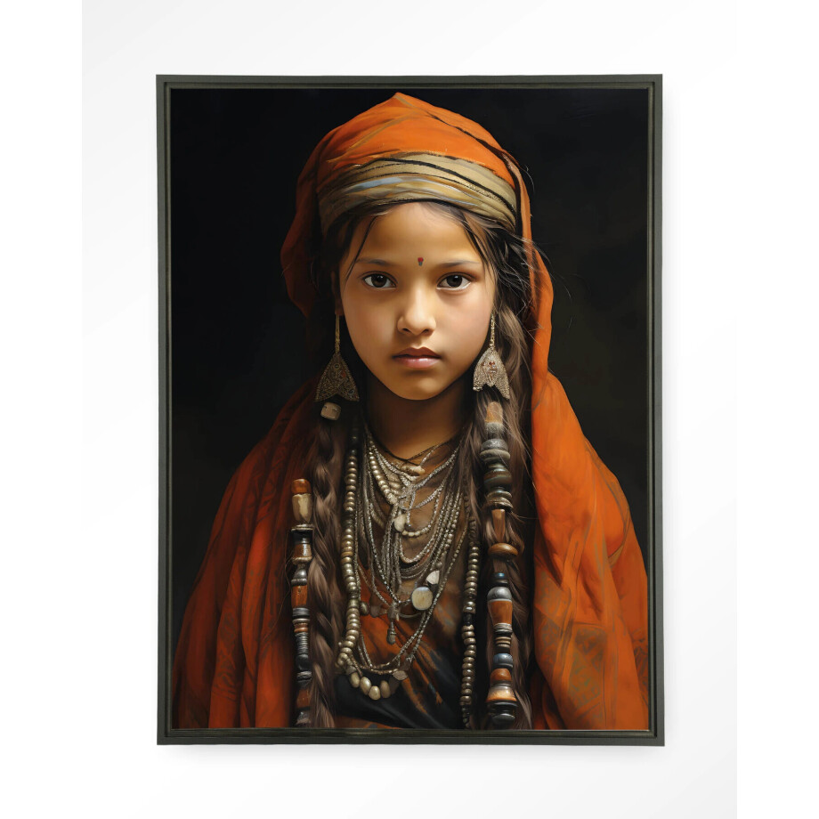 Urban Cotton Wandkleed 'Traditional Girl' 110 x 145cm in Floating Frame - black afbeelding 
