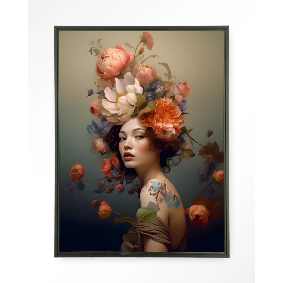 Urban Cotton Wandkleed 'Vintage Flower Girl' 145 x 190cm in Floating Frame - black afbeelding 