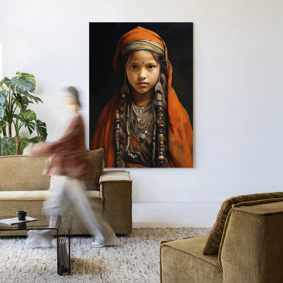 Urban Cotton Wandkleed 'Traditional Girl' 80 x 110cm in Frame - black afbeelding 