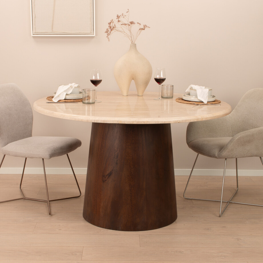 Livingfurn Ronde Eettafel 'Valentino' Mangohout en travertin, 130cm afbeelding 1
