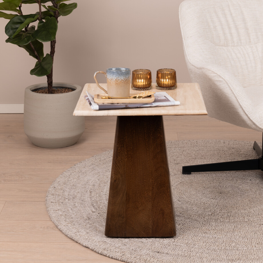 Livingfurn Bijzettafel 'Valentino' Mangohout en Travertin, 45 x 45cm Livingfurn Bijzettafel 'Valentino' Mangohout en Travertin, 45 x 45cm afbeelding