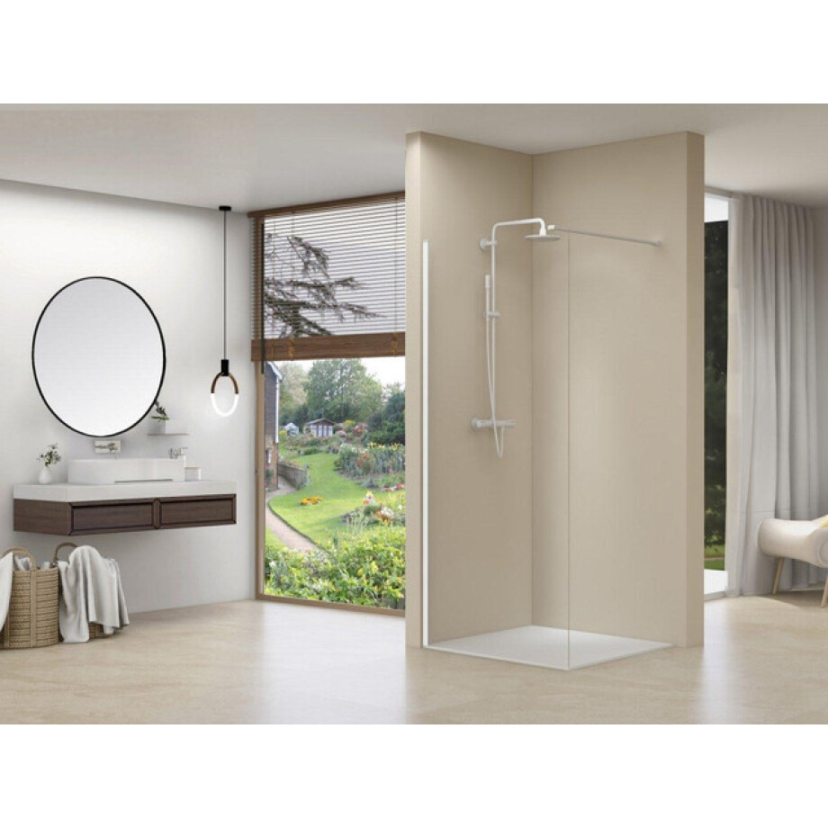 Van Rijn Products ST01 Vaste wand 137-139 cm breed 8mm helder glas incl. glasbehandeling wit muurprofiel 200cm hoog ST01WT140M Van Rijn Products ST01 Vaste wand 137-139 cm breed 8mm helder glas incl. glasbehandeling wit muurprofiel 200cm hoog ST01WT140M afbeelding 1