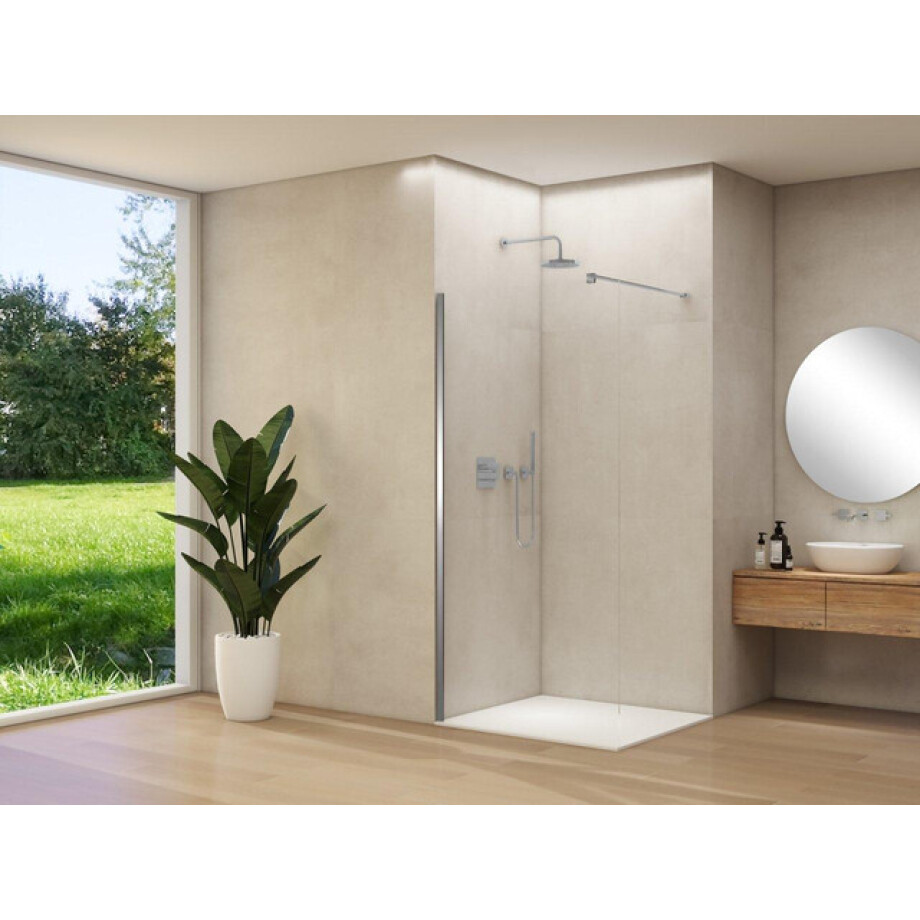 Van Rijn Products ST01 vaste wand - 50x200cm - helder glas - - dikte 8mm - stabilisatiestang - muurprofiel - RVS Geborsteld ST0150050HEBNM Van Rijn Products ST01 vaste wand - 50x200cm - helder glas - - dikte 8mm - stabilisatiestang - muurprofiel - RVS Geborsteld ST0150050HEBNM afbeelding 1