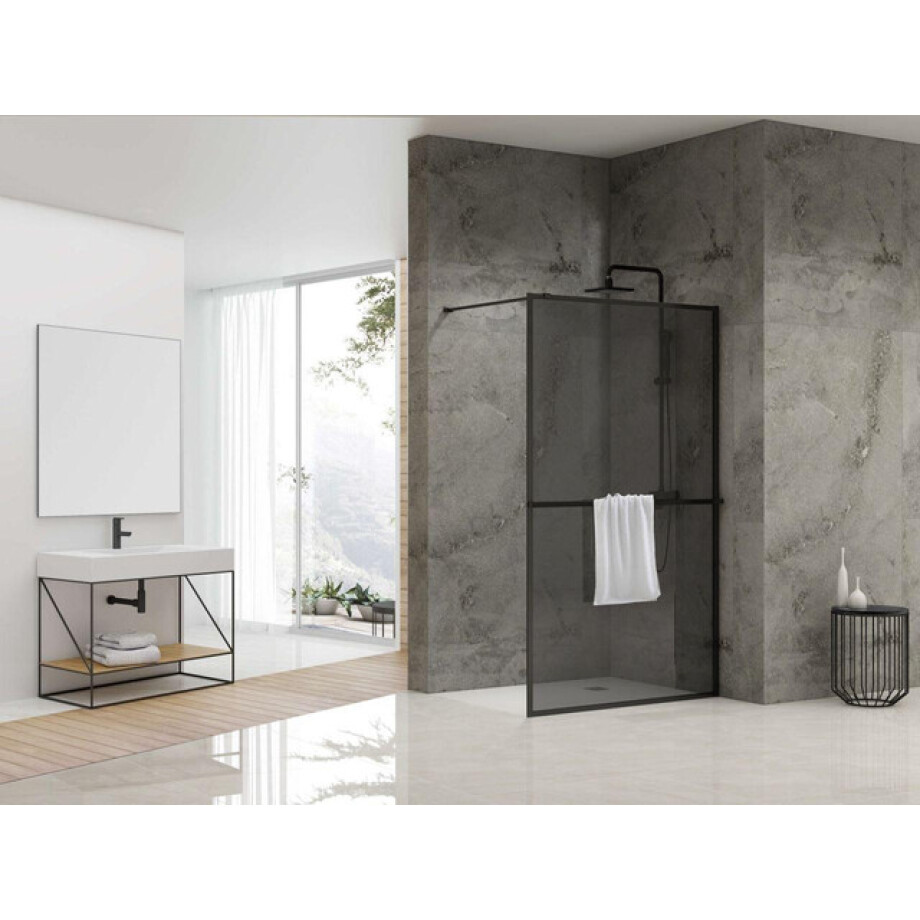 Van Rijn Products ST04 Vaste wand - 119.5x200cm - rookglas - dikte 8mm - incl. stabilisatiestang - incl. handdoekhouder - zwart mat ST04120KPHGR afbeelding 1