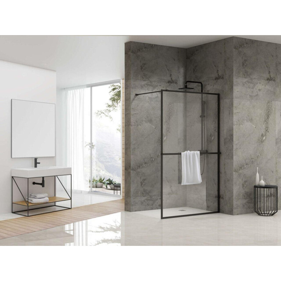 Van Rijn Products ST04 Vaste wand - 99.5x200cm - helder glas - dikte 8mm - incl. handdoekhouder incl. stabilisatiestang - 120cm - zwart mat ST04100KPH Van Rijn Products ST04 Vaste wand - 99.5x200cm - helder glas - dikte 8mm - incl. handdoekhouder incl. stabilisatiestang - 120cm - zwart mat ST04100KPH afbeelding 1