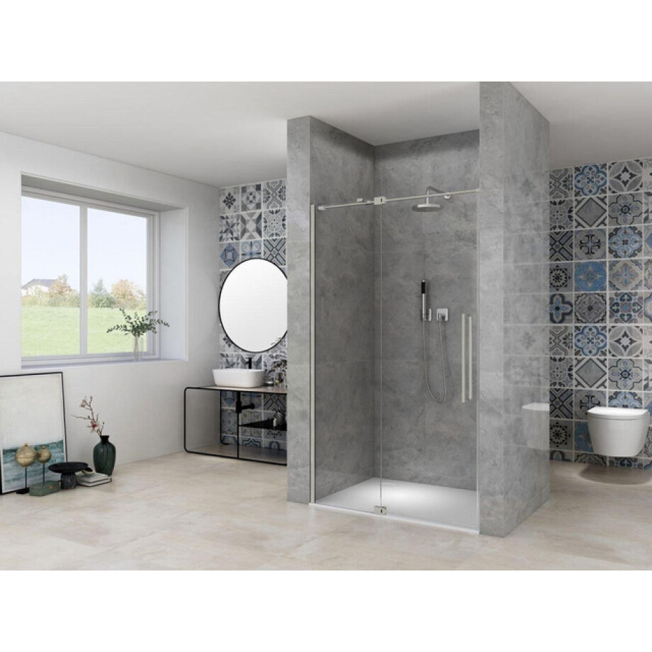 Van Rijn Products ST08 Nis Draaideur - 140x200cm - helder glas - dikte 8mm - 2 delig - muurprofiel - stabilisatiestang - RVS ST08300140HEBN afbeelding 1