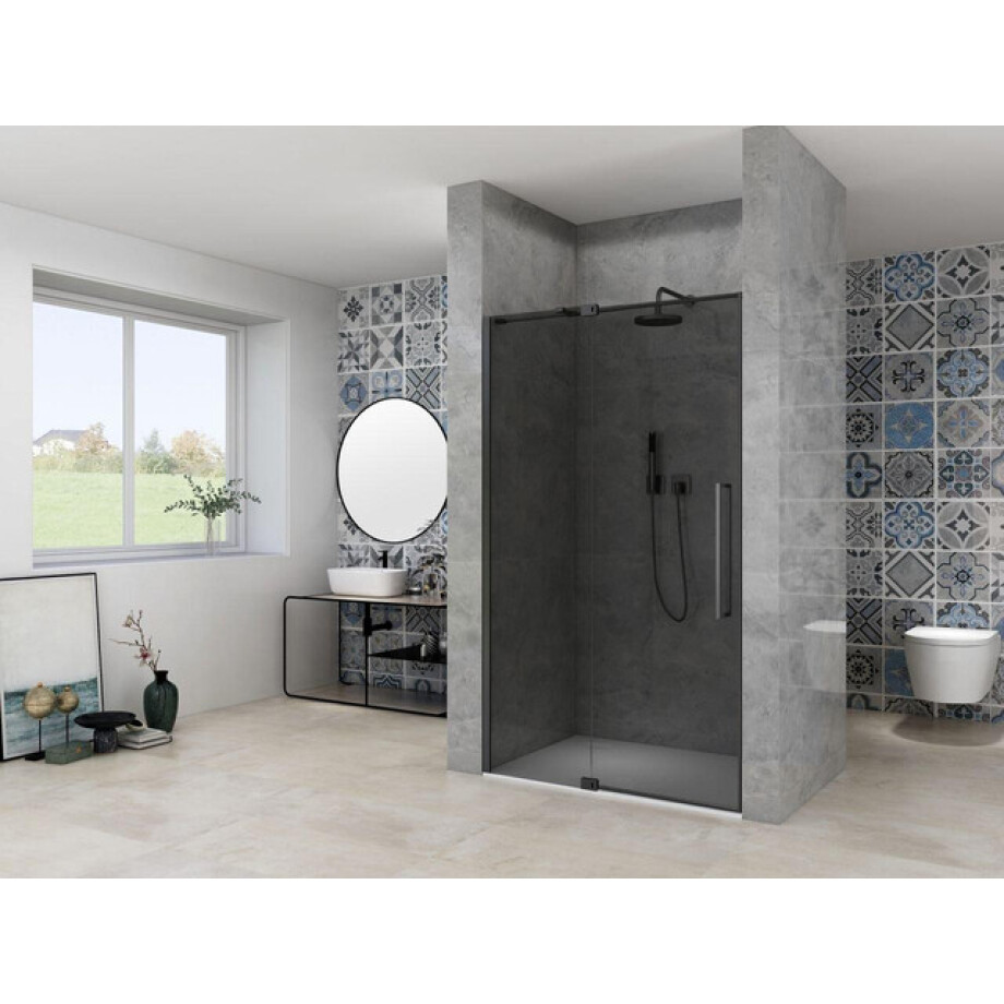 Van Rijn Products ST08 Nis Draaideur - 90x200cm - grijs rookglas - dikte 8mm - 2 delig - muurprofiel - stabilisatiestang - Zwart ST0830090GRZW Van Rijn Products ST08 Nis Draaideur - 90x200cm - grijs rookglas - dikte 8mm - 2 delig - muurprofiel - stabilisatiestang - Zwart ST0830090GRZW afbeelding 1