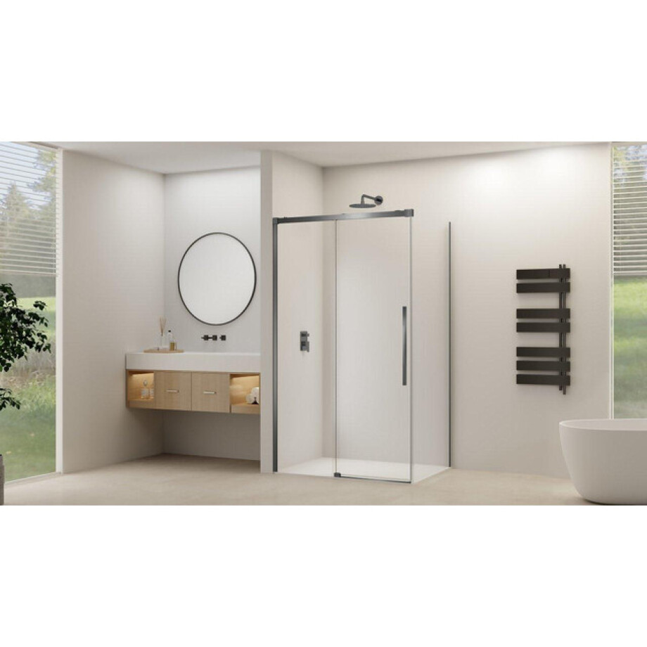 Van Rijn Products ST09 Schuifdeur tbv hoekcabine - 180x200cm - helder glas - soft-close - Gunmetal Geborsteld ST09350180HEGM Van Rijn Products ST09 Schuifdeur tbv hoekcabine - 180x200cm - helder glas - soft-close - Gunmetal Geborsteld ST09350180HEGM afbeelding 1