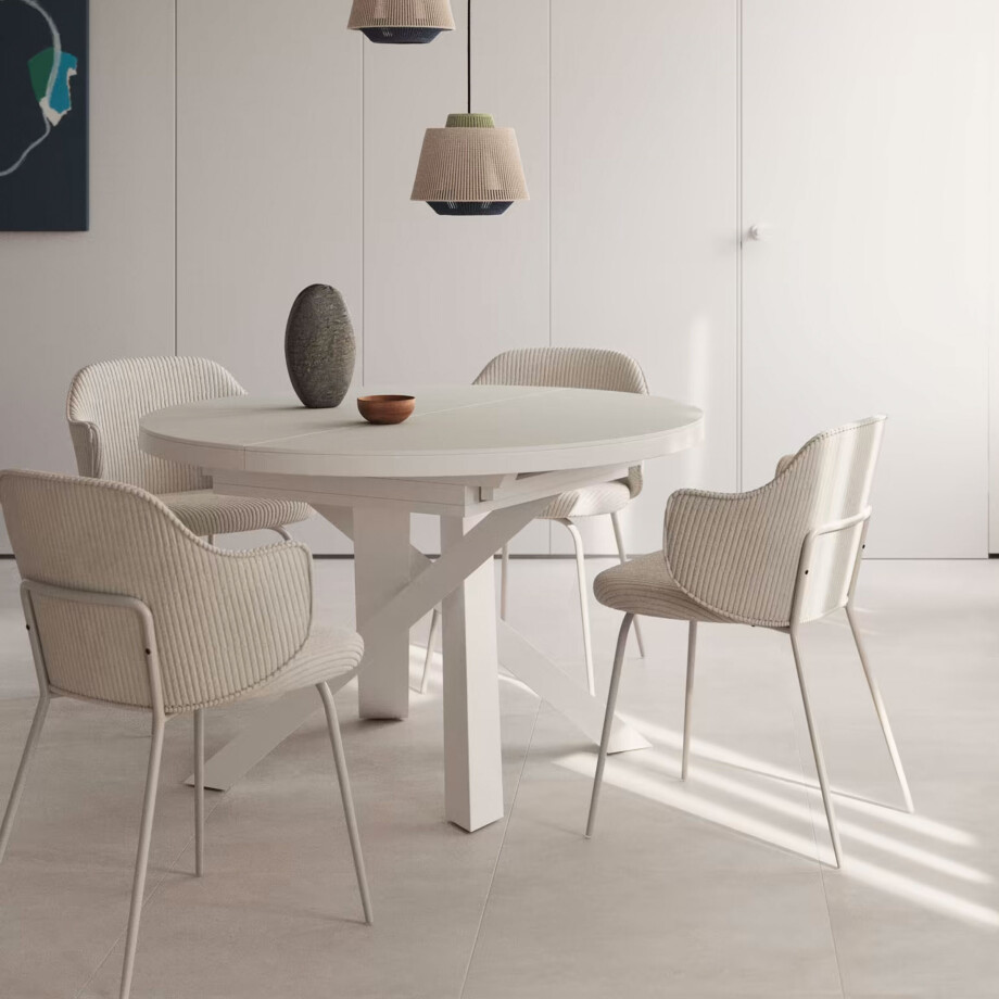 Kave Home Uitschuifbare Ronde Eettafel 'Vashti' Glas, 120-160 x 120cm, kleur Wit afbeelding 1