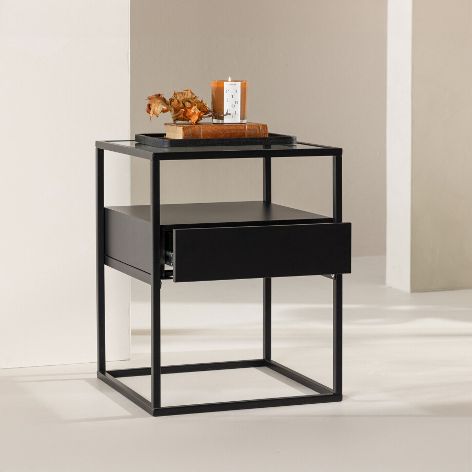 Nohr Nachtkastje 'Nisreen' Metaal en glas, 40 x 40cm, kleur Zwart afbeelding 1
