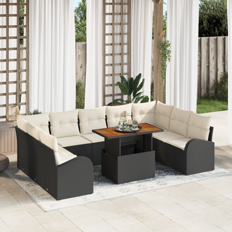vidaXL 10-delig ligbedset met kussens zwart poly riet afbeelding 1