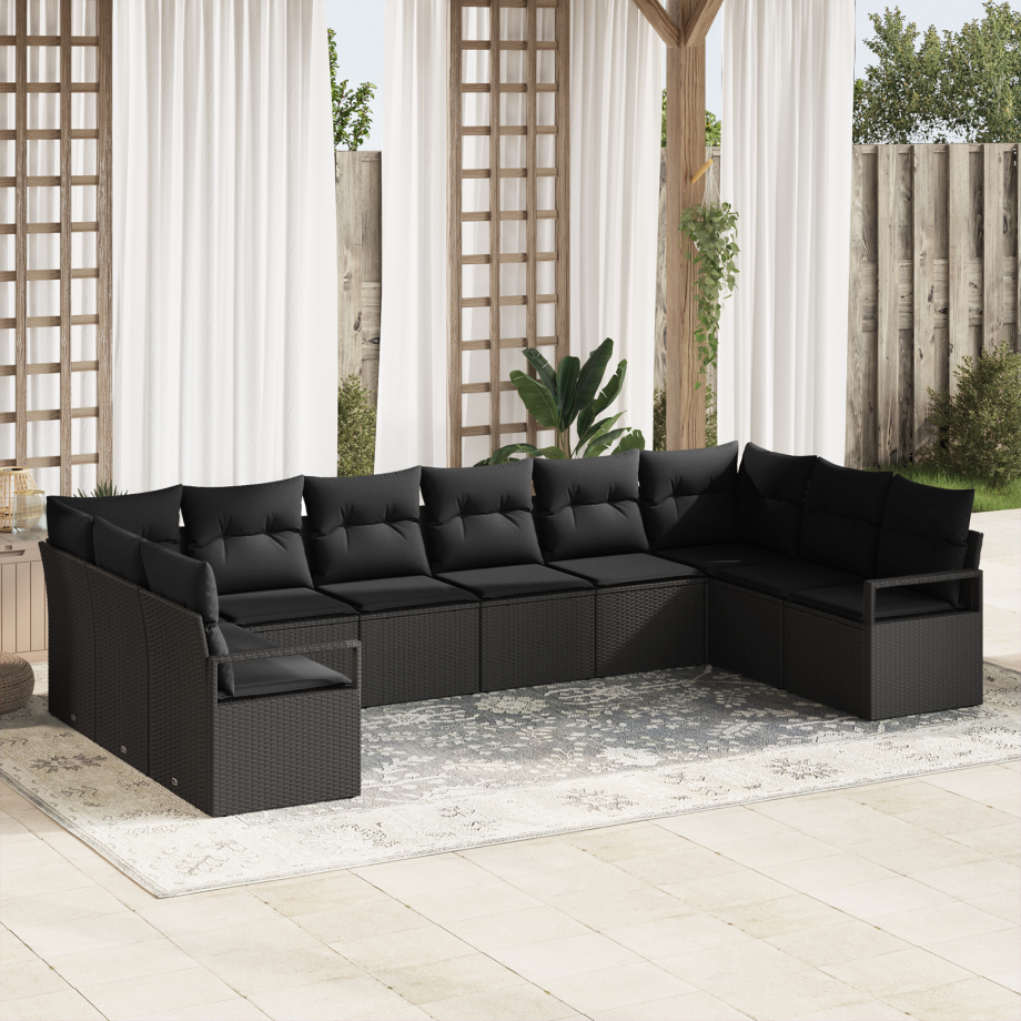 vidaXL 10-delige tuinsalonset met kussens zwart poly rattan afbeelding 1