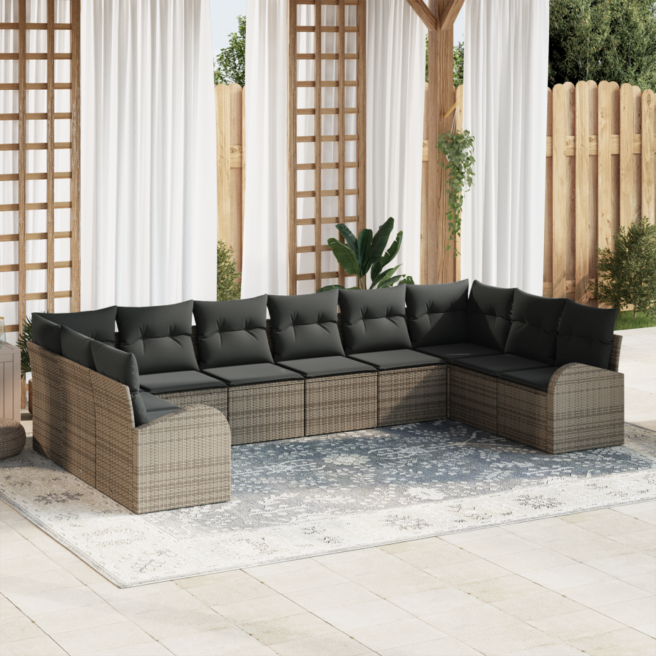 vidaXL Bankstel met kussen 10 pcs Grijs Polyrattan vidaXL Bankstel met kussen 10 pcs Grijs Polyrattan afbeelding 1