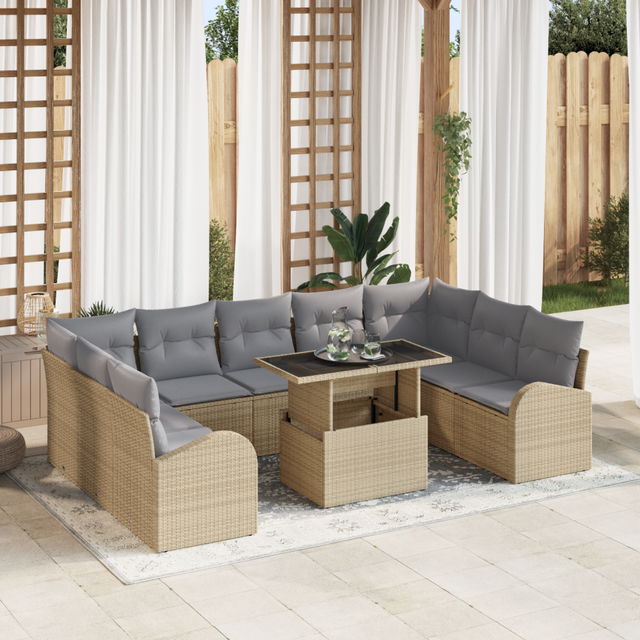 vidaXL 10-delige tuinset met kussens in beige poly rattan afbeelding 1
