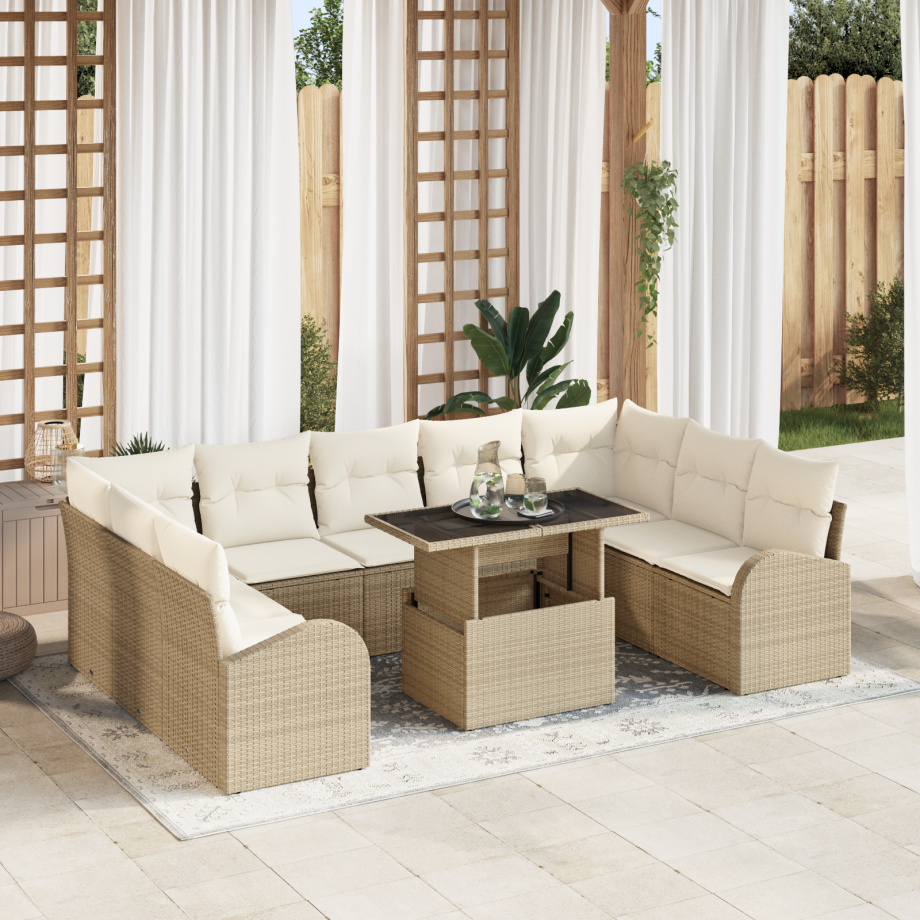 vidaXL 10-delige tuinset met kussens in beige poly rattan afbeelding 1