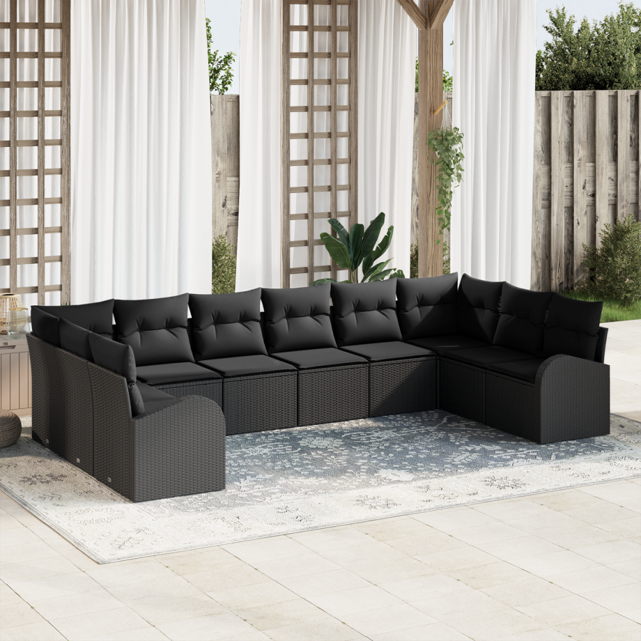 vidaXL Bankstel met kussen 10 pcs Zwart Polyrattan vidaXL Bankstel met kussen 10 pcs Zwart Polyrattan afbeelding 1