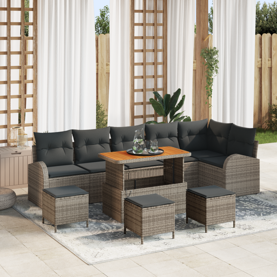 vidaXL 10-delige tuinsofa set met kussens in grijs, van poly rattan en acacia vidaXL 10-delige tuinsofa set met kussens in grijs, van poly rattan en acacia afbeelding 1