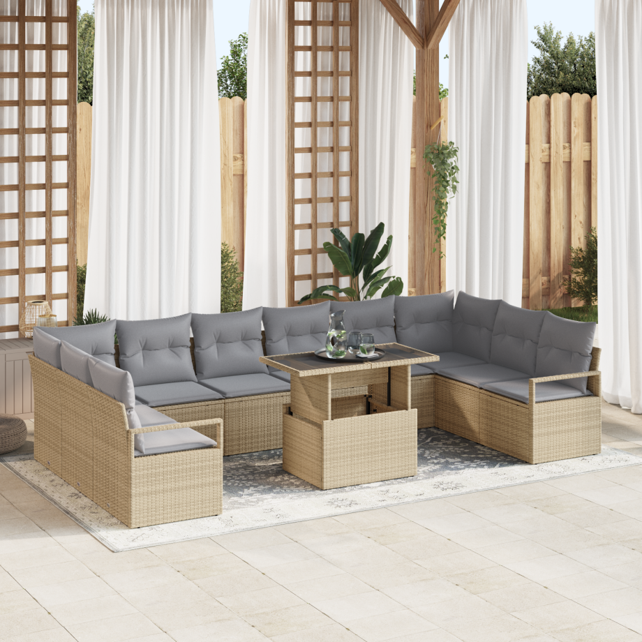 vidaXL 11-delig tuinset met kussens in beige poly rattan afbeelding 1