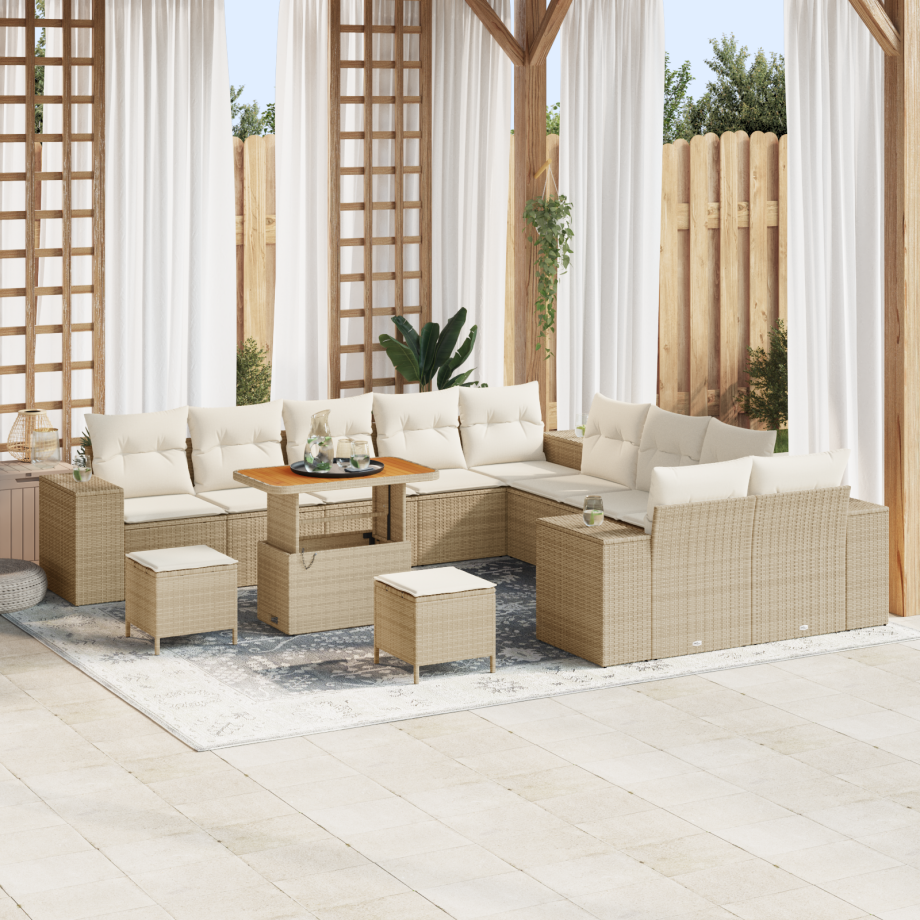 vidaXL 13-delige tuinset met kussens in beige poly rattan en acacia vidaXL 13-delige tuinset met kussens in beige poly rattan en acacia afbeelding 1