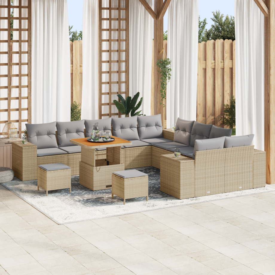 vidaXL 13-delige tuinset met kussens in beige van poly rattan en acacia vidaXL 13-delige tuinset met kussens in beige van poly rattan en acacia afbeelding 1
