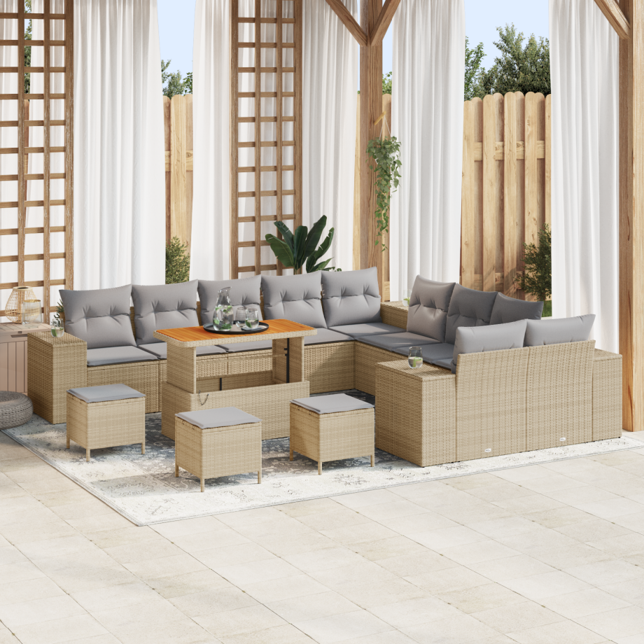 vidaXL 14-delige tuinset met kussens in beige poly rattan en acacia vidaXL 14-delige tuinset met kussens in beige poly rattan en acacia afbeelding 1