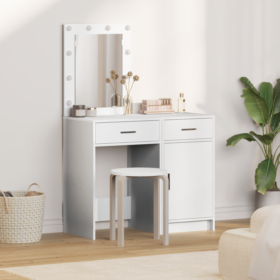 vidaXL 2-delige Make-uptafel Set met LED - Wit Geëngineerd Hout afbeelding 1
