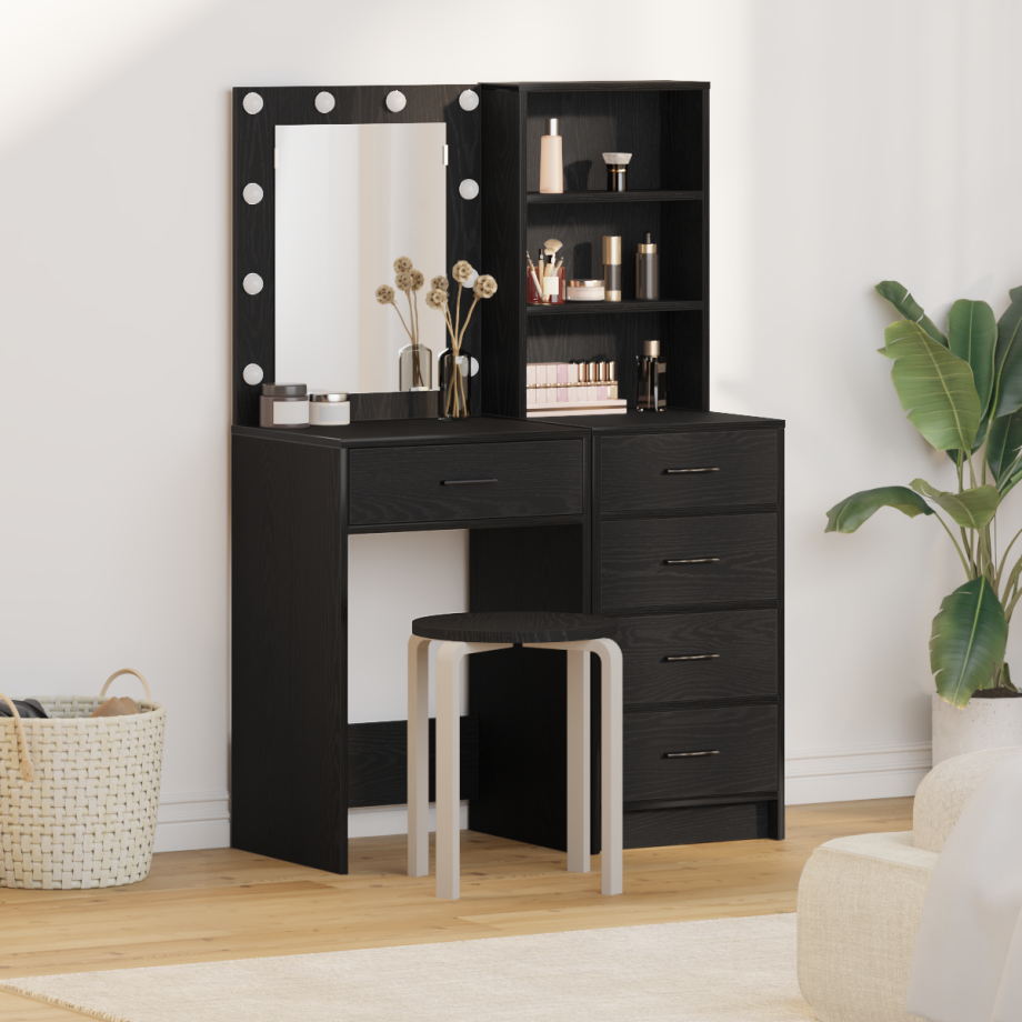 vidaXL 2-delige make-uptafelset met LED in zwart gefabriceerd hout afbeelding 1