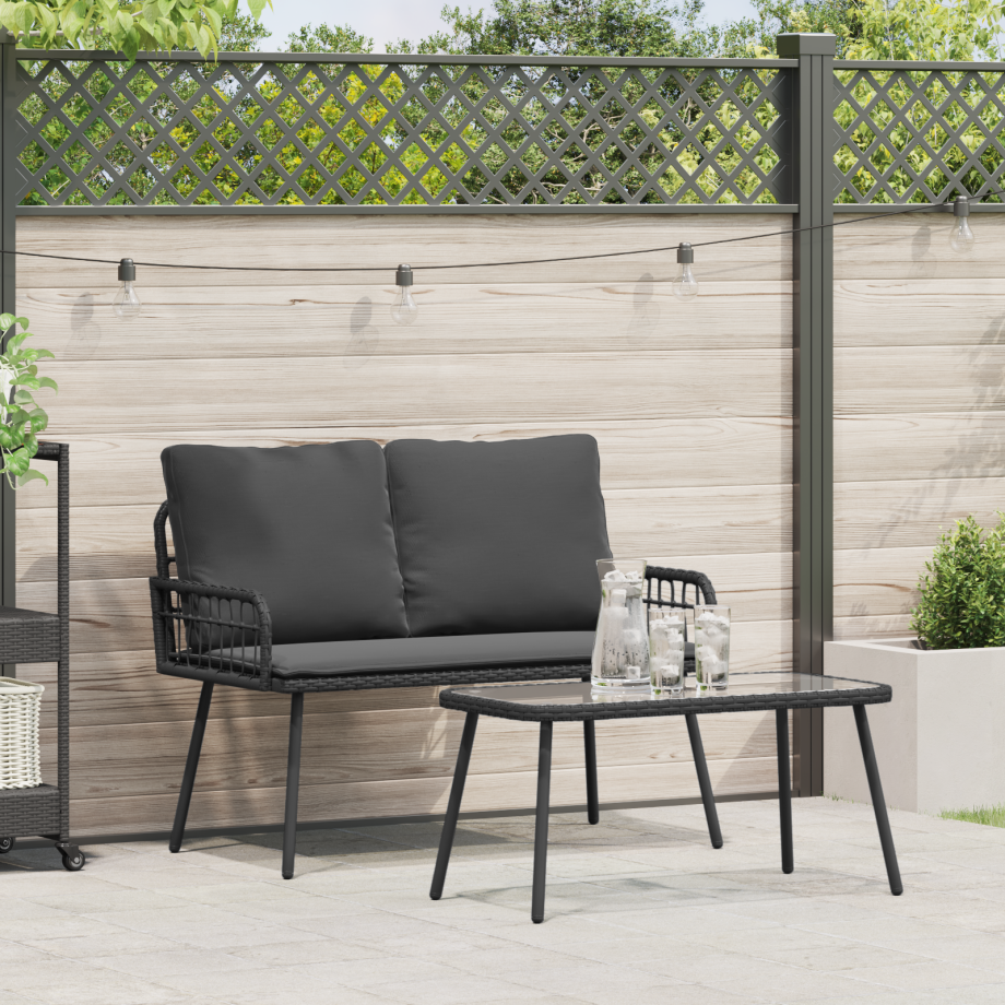 vidaXL Tuin eettafelset met kussen 2 pcs Zwart poly rattan afbeelding 1