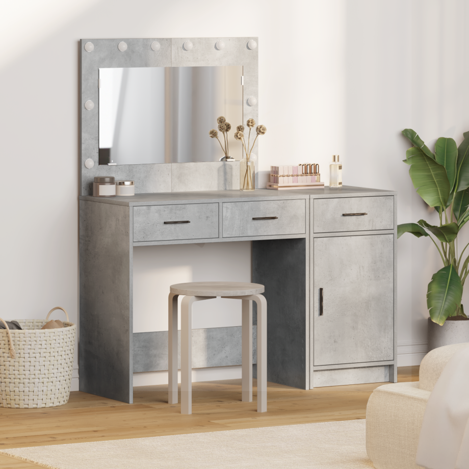 vidaXL 2-Persoons Make-up Tafel Set met LED in Beton Grijs van Engineered Hout afbeelding 1