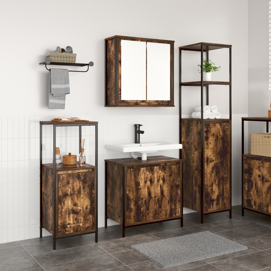 vidaXL Badkamermeubelset 3 pcs Gerookt Eiken en Zwart Bewerkt hout afbeelding 1