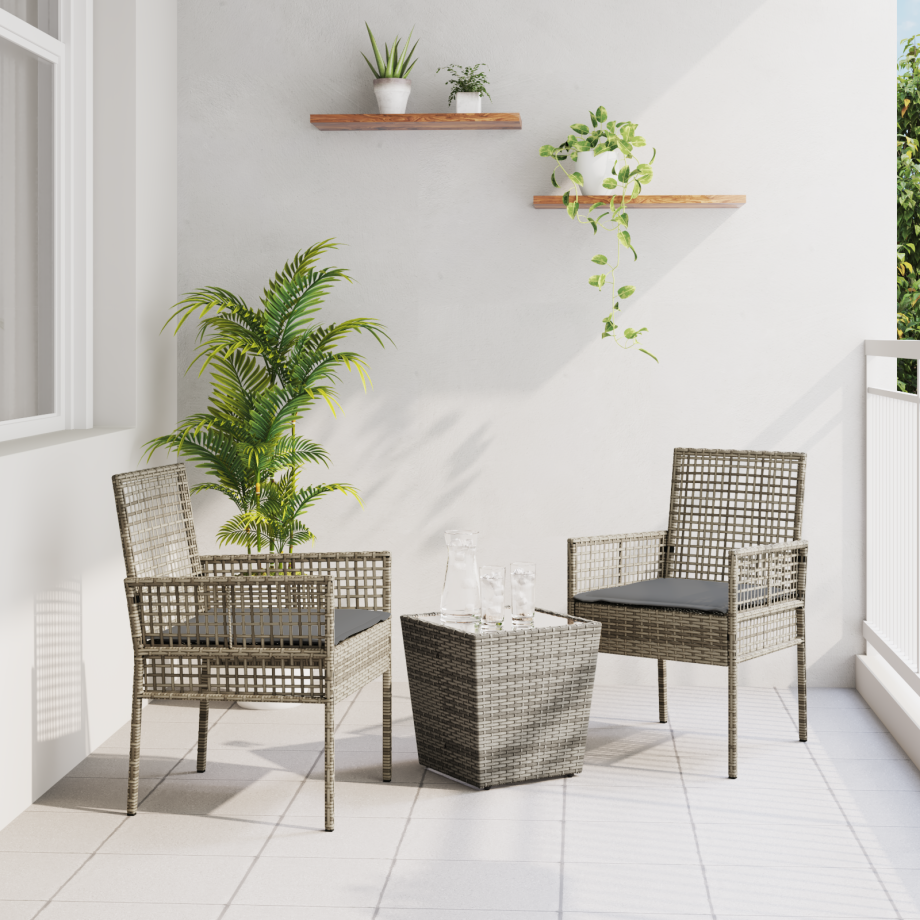 vidaXL 3-delige Bistroset voor de tuin met kussens - Grijs Poly Rattan afbeelding 1