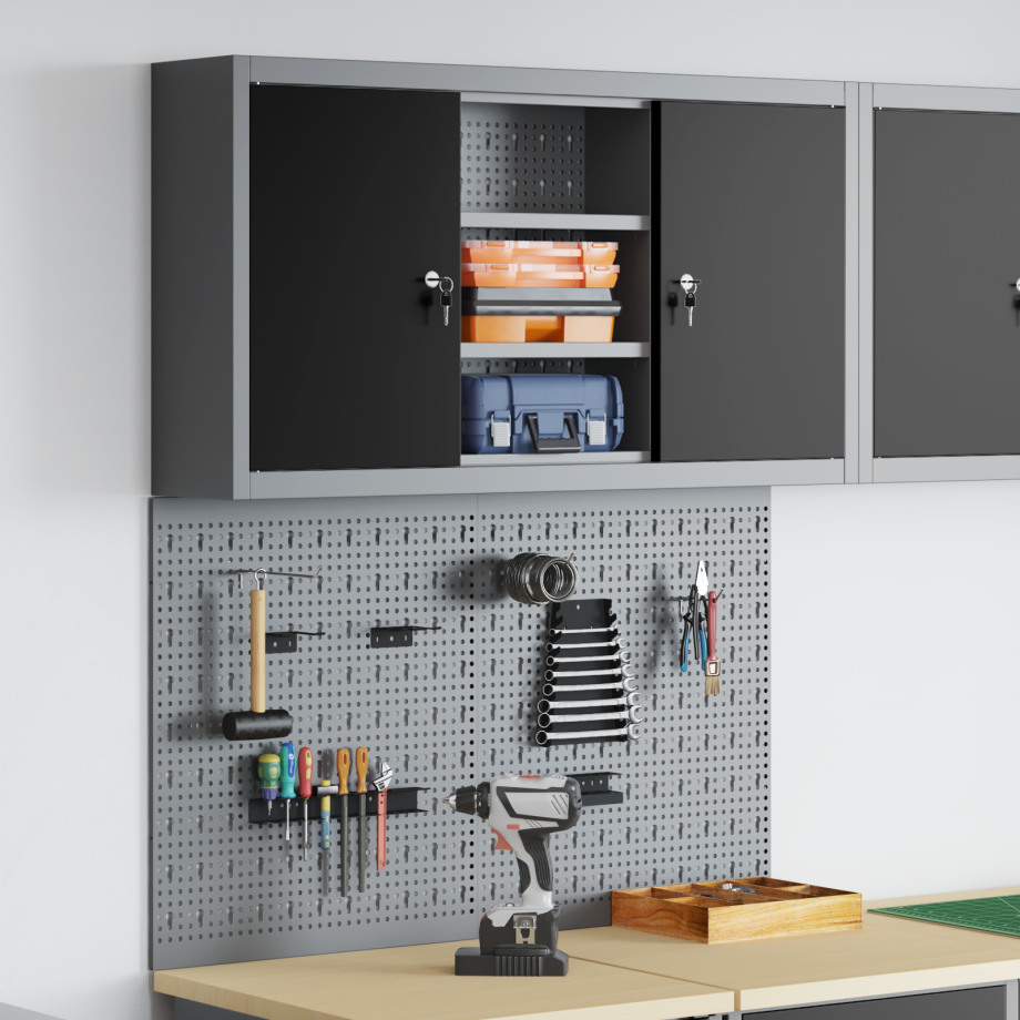 vidaXL 3-delige gereedschapskist en pegboard wandmontage set zwart metaal afbeelding 1