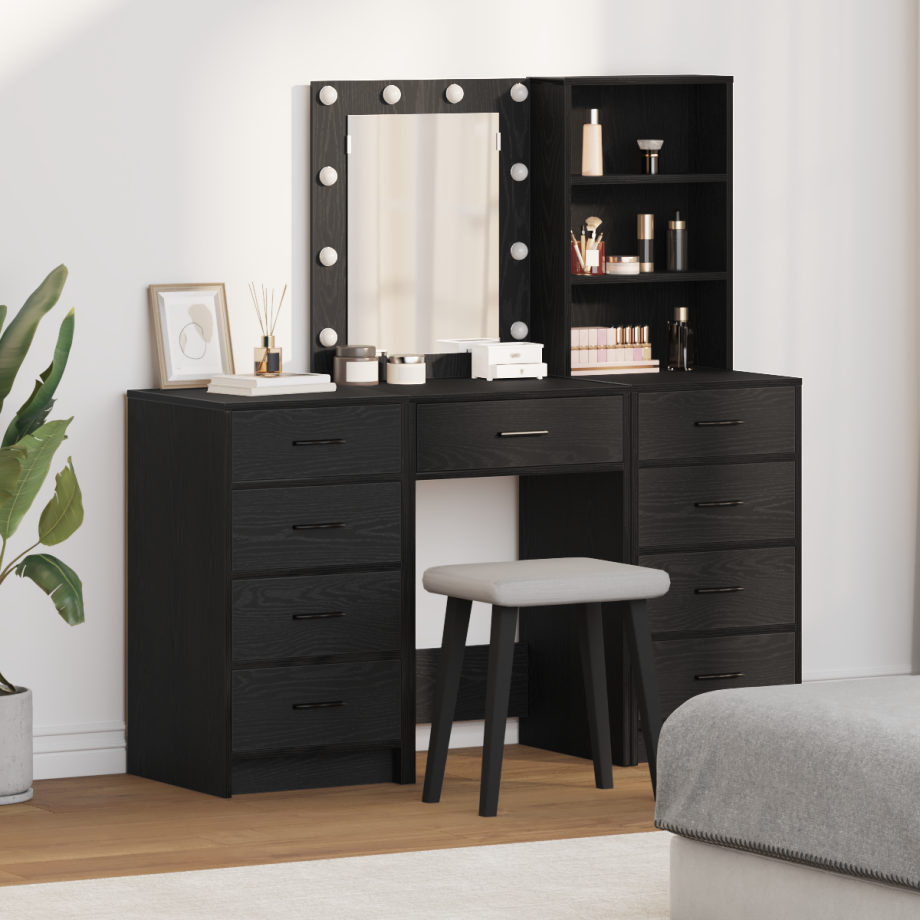 vidaXL 3-delige kaptafel set met LED in zwart hout afbeelding 1