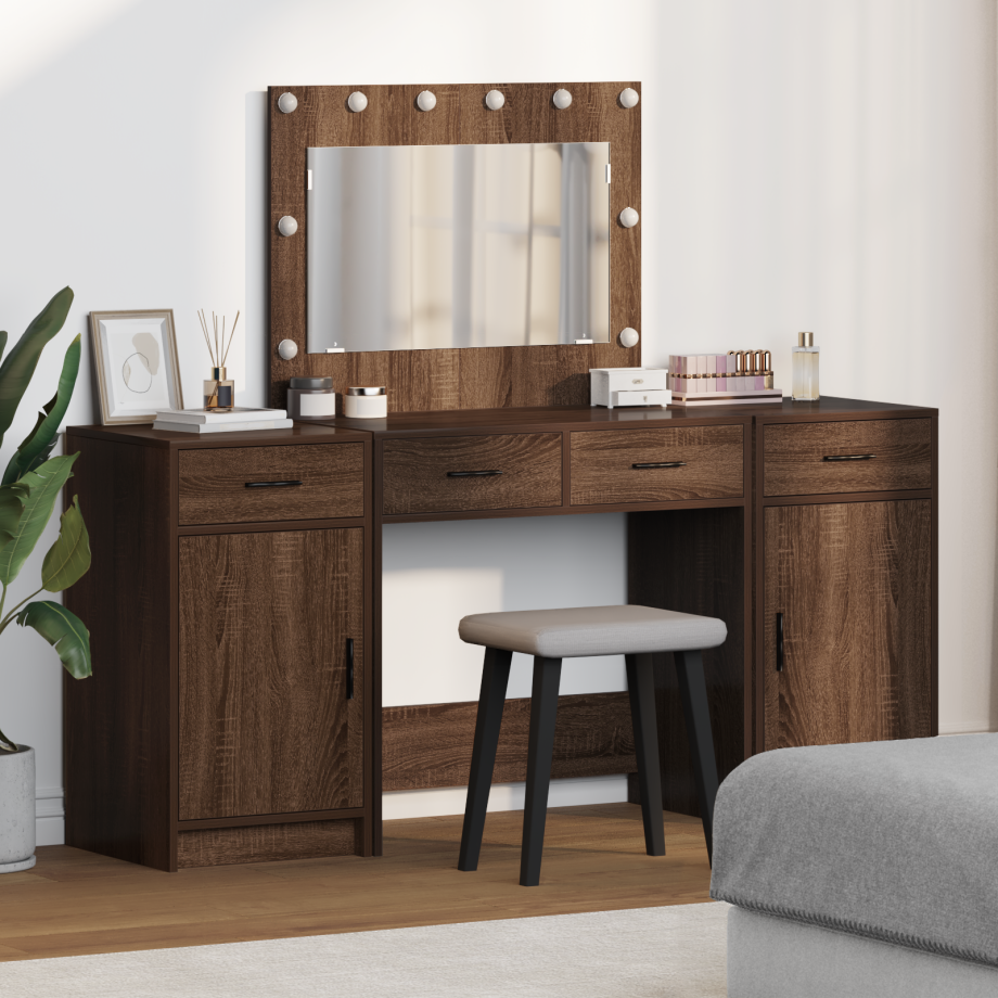 vidaXL 3-delige make-up tafelset met LED in zwart eikenhout afbeelding 1