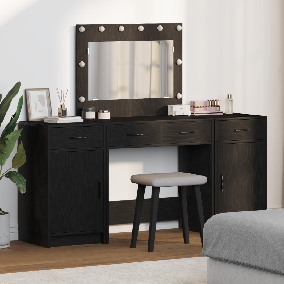 vidaXL 3-delige make-uptafelset met LED in zwart hout afbeelding 1