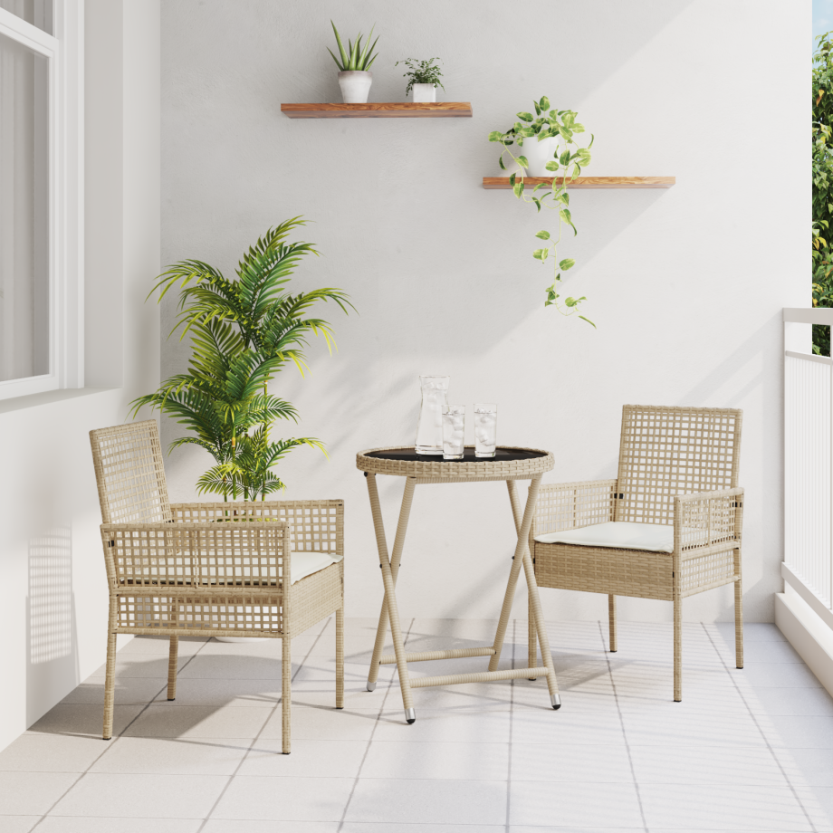 vidaXL 3-delige tuin bistroset met kussens in beige poly rattan afbeelding 1