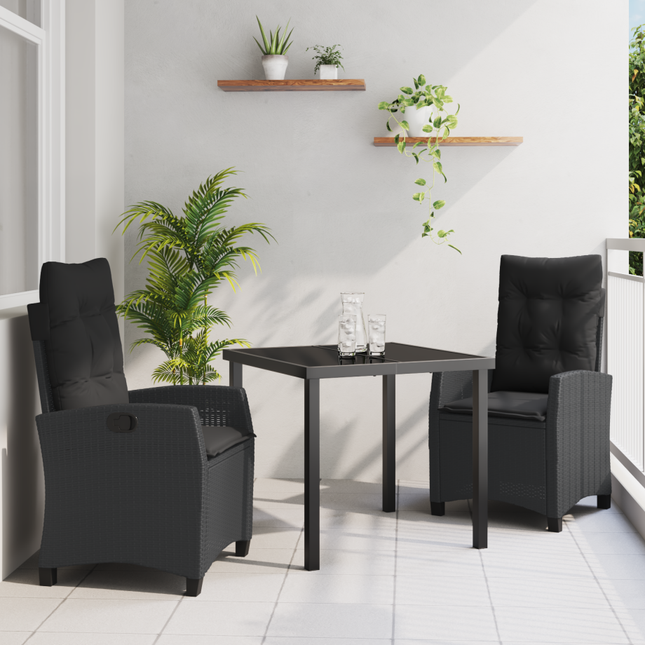 vidaXL 3-delige Tuin Eettafelset met Kussens Zwart Poly Rattan afbeelding 1