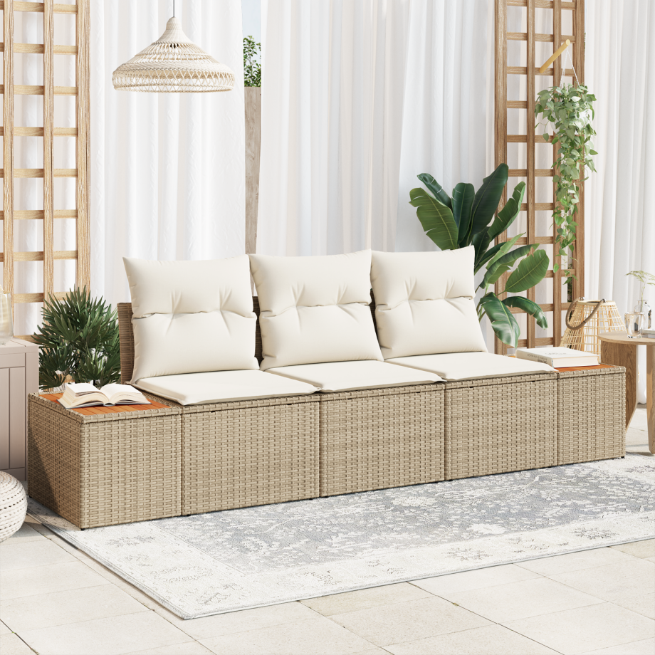 vidaXL 3-delige Tuin Sofa Set met Kussens Beige Poly Rattan Acacia afbeelding 1