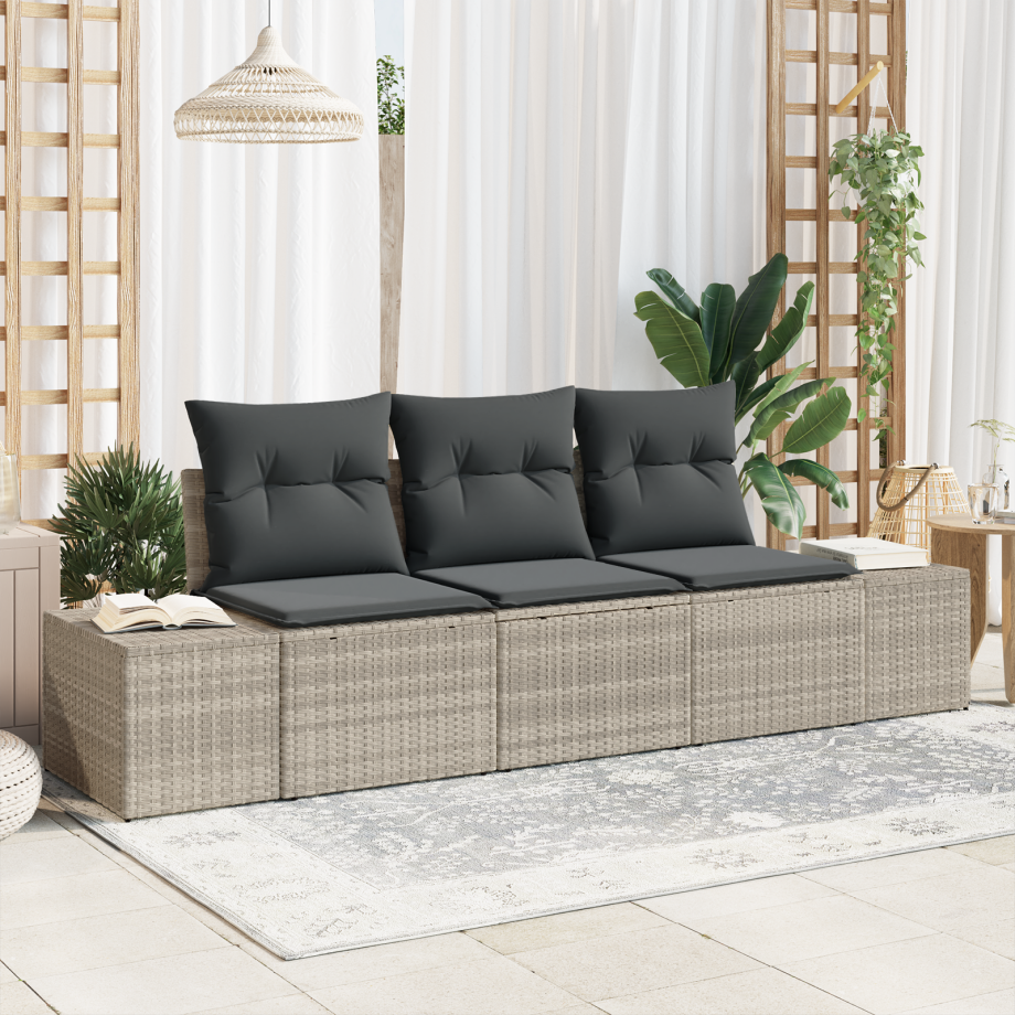 vidaXL Bankstel met kussen 3 pcs Lichtgrijs poly rattan afbeelding 1